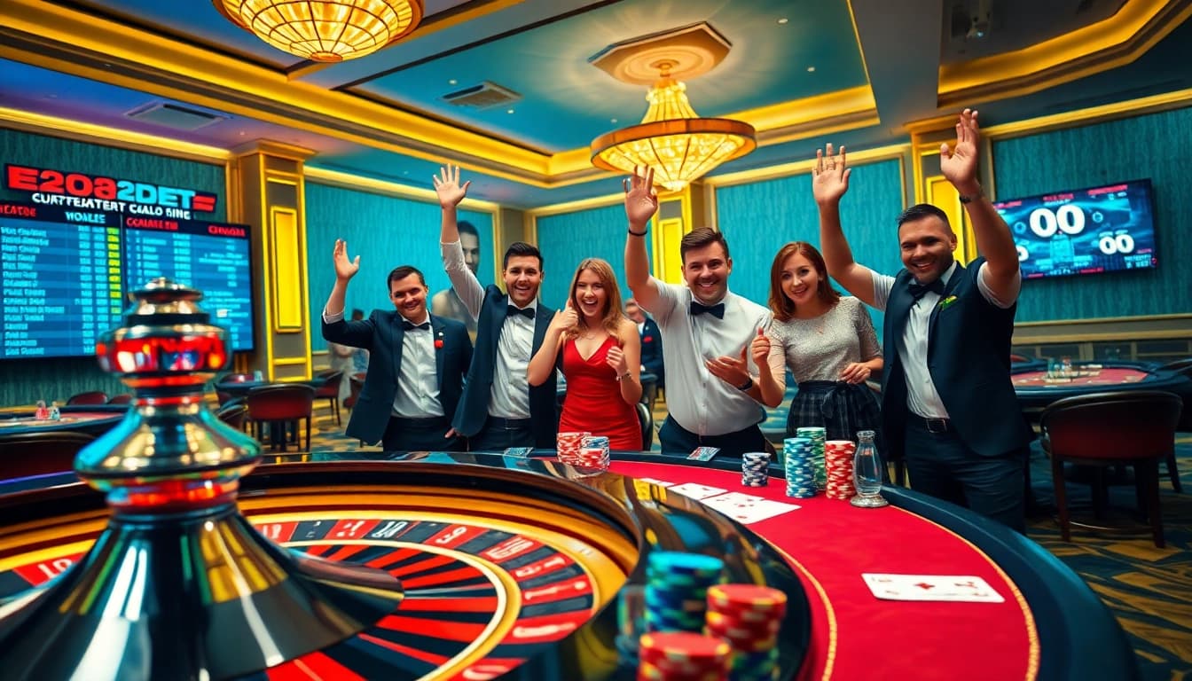 E2bet players celebrating a thrilling win at a luxurious casino table with poker chips and a roulette wheel.