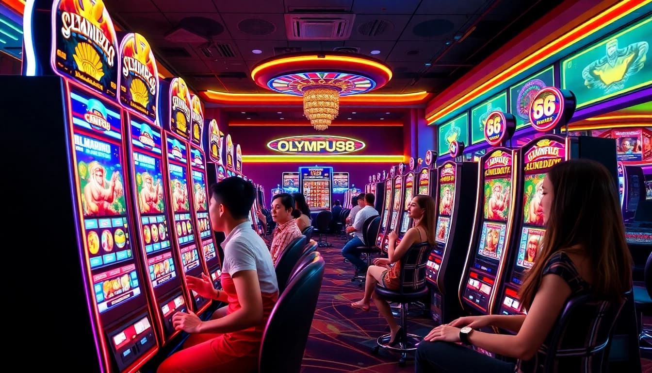 Players enjoying thrilling OLYMPUS88 slot machines in a vibrant casino setting.