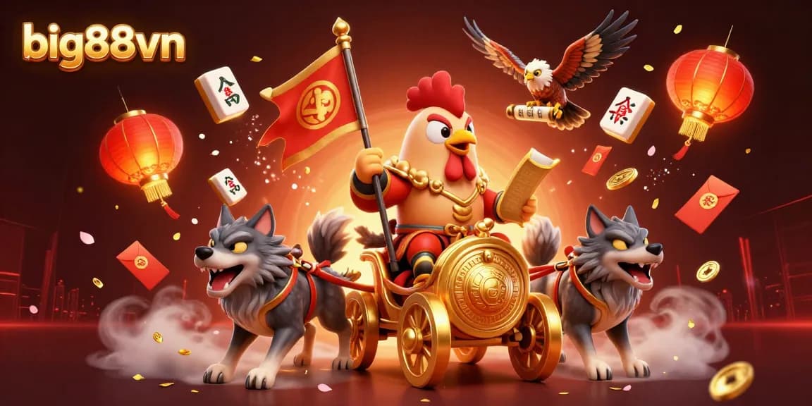 Experience big88vn with a dynamic 3D illustration of a rooster warlord leading a thrilling casino adventure!