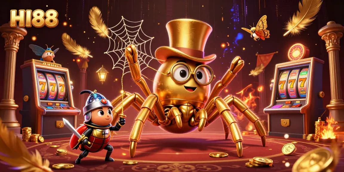 Engage with HI88's vibrant casino scene featuring a golden tarantula and brave beetle knight.