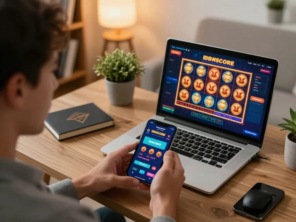 IDNSCORE mobile betting user interacting with a slots game interface on their smartphone.