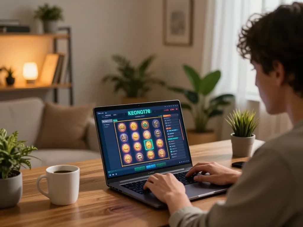 Engaging player enjoying KEONG178 slot games on a laptop in a cozy home environment