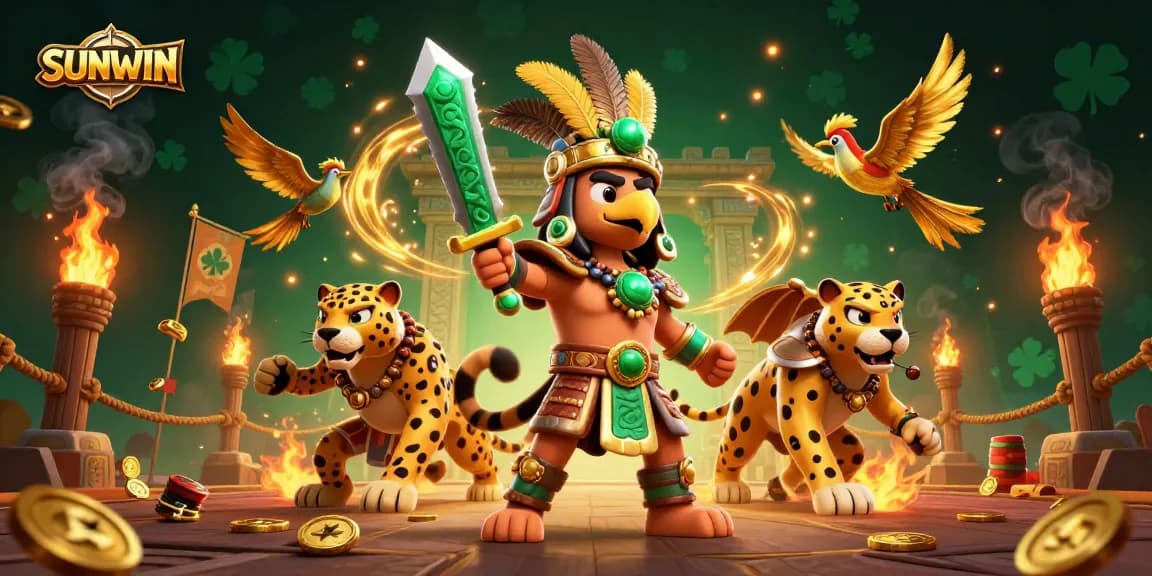 SUNWIN attracts players with a vibrant 3D illustration of Aztec warriors, golden coins, and dynamic casino elements.