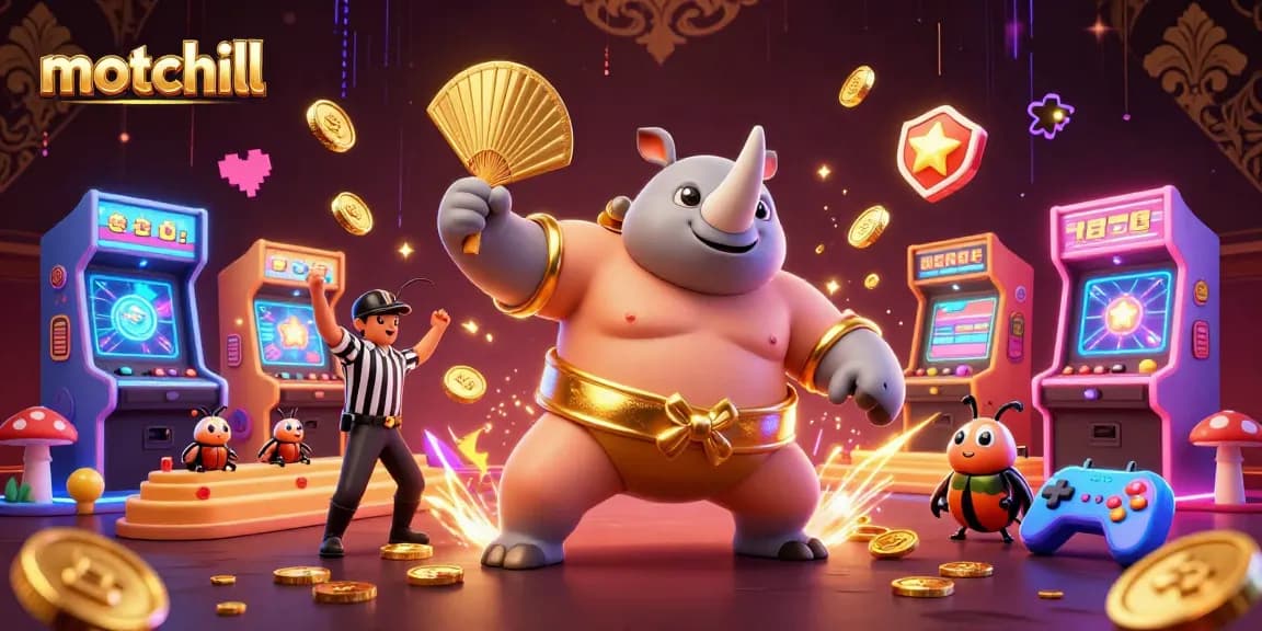 Watch the motchill action unfold as the sumo champion beetle sends coins flying in a vibrant casino scene.