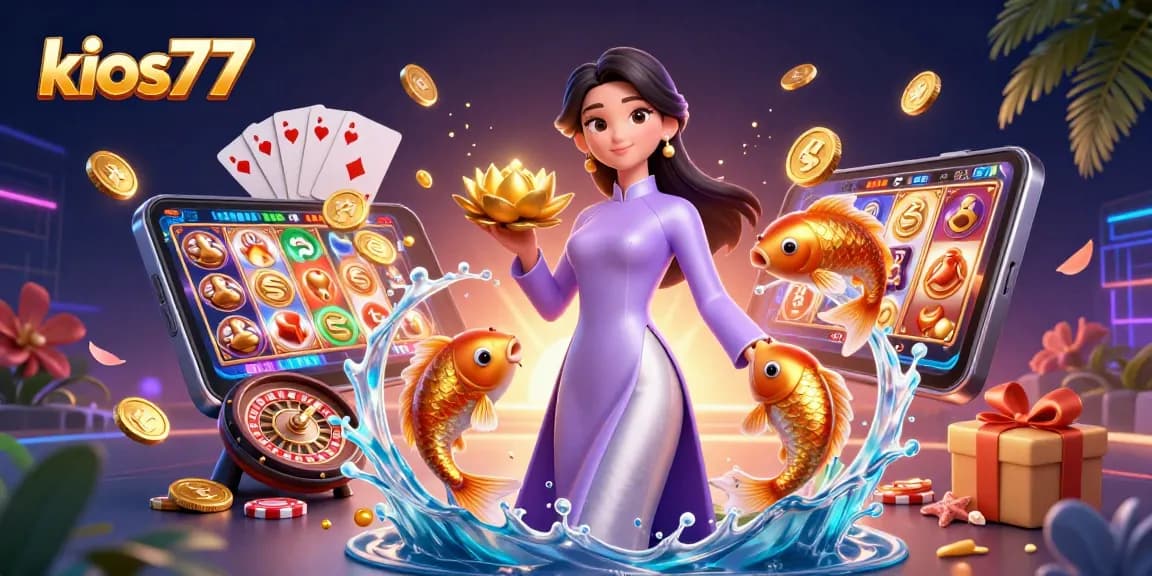 Kios77 slots illustration featuring an elegant woman and golden koi fish among vibrant casino elements.