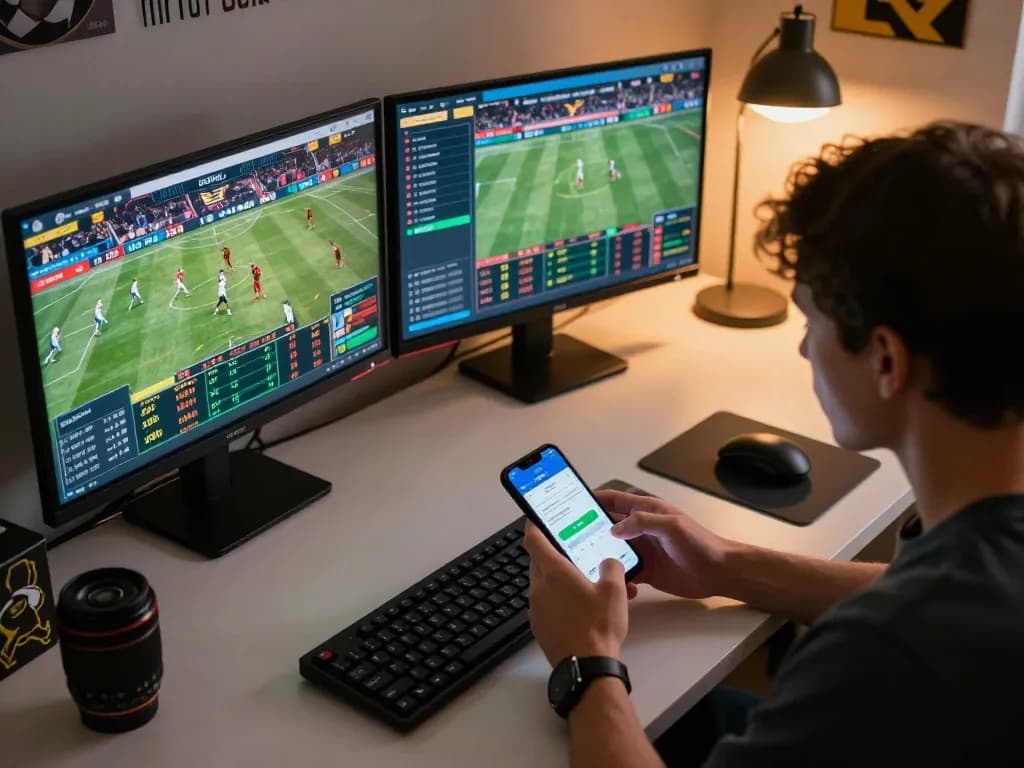 Engaging in live sports betting on a smartphone while analyzing keonhacai odds in a modern home office.