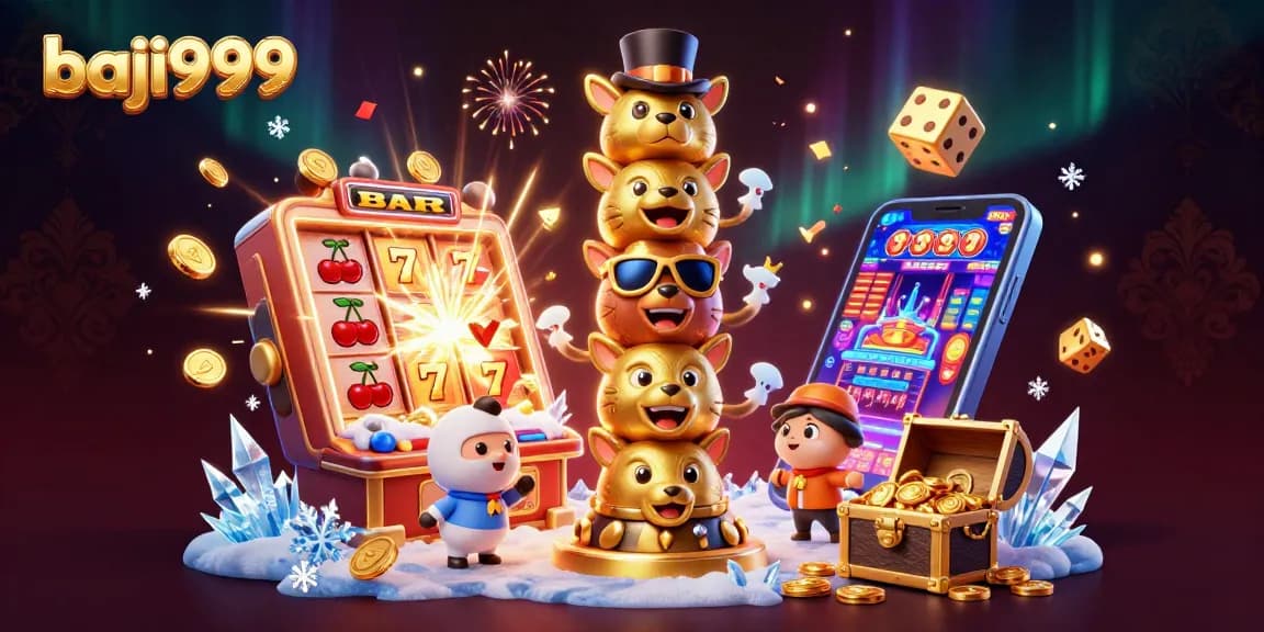 Play exciting games at baji9999, featuring a vibrant casino scene with jackpots and colorful elements.