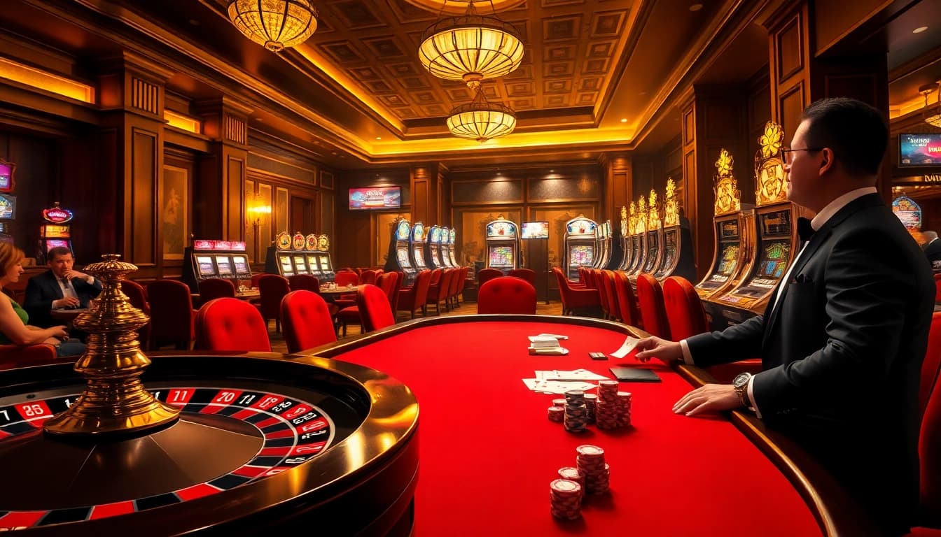 datukwin merayakan kemenangan besar di kasino mewah, dikelilingi teman-teman dan mesin slot yang penuh warna.