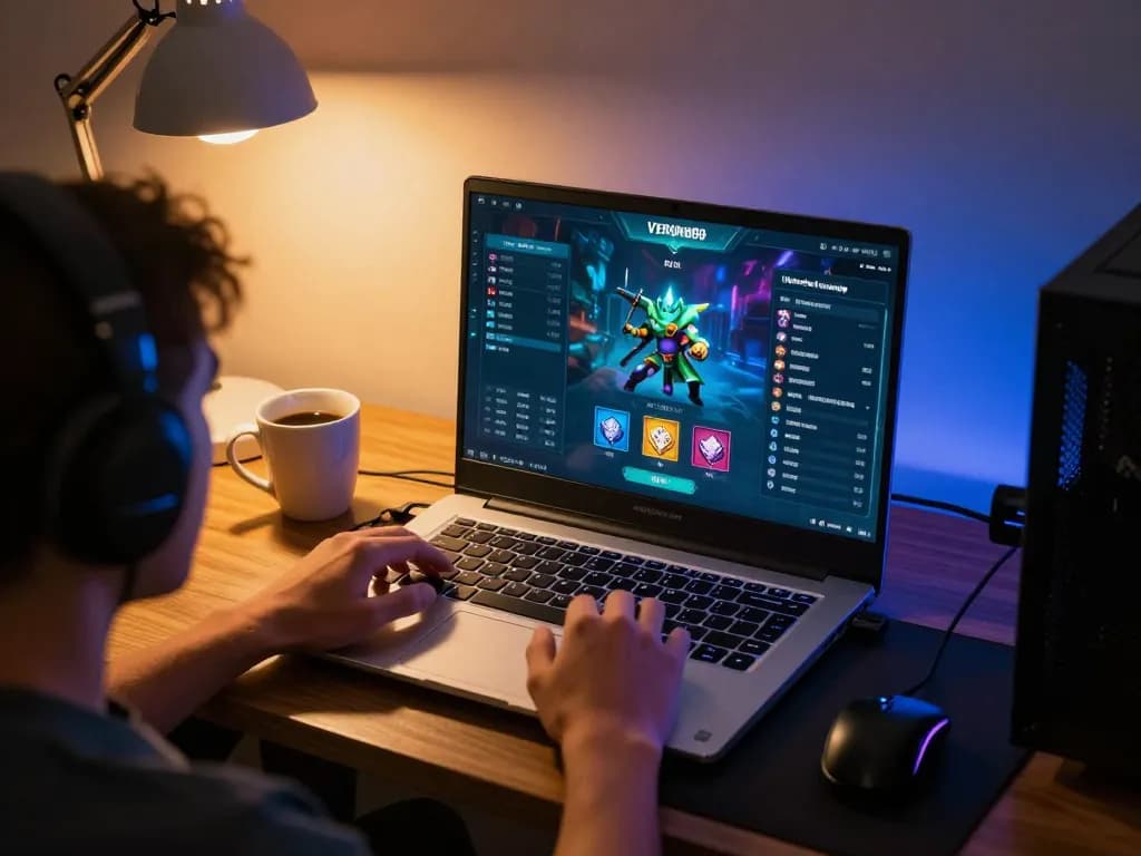 Player enjoying an engaging session with VENOM889 on their laptop, highlighting a colorful gaming interface