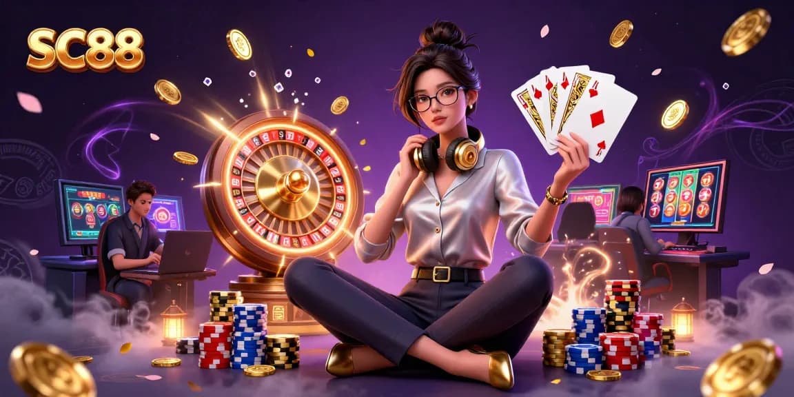 Experience the thrill of SC88 with an elegant gamer immersed in casino action, surrounded by golden chips and coins.
