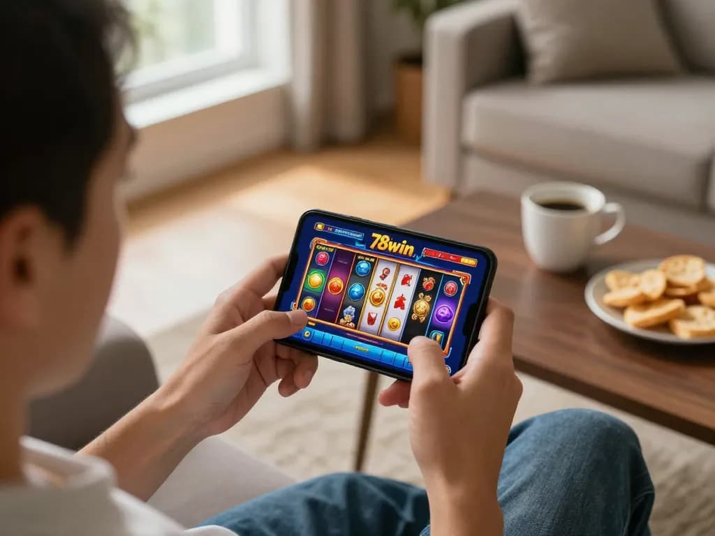 Player exploring the 78win app's vibrant slots during a cozy gaming session at home