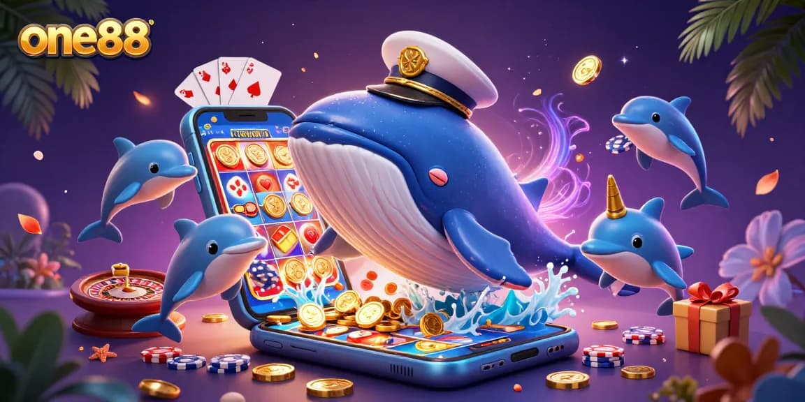 Experience one88's thrilling casino vibes with whales, dolphins, and vibrant game elements.