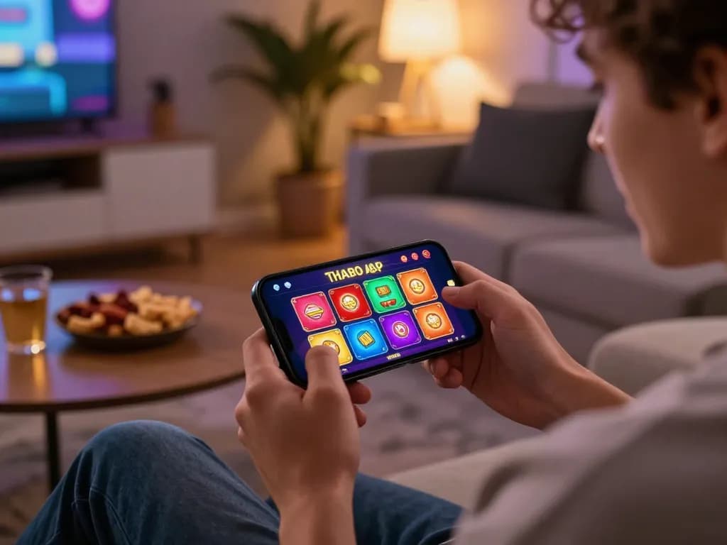 Engaging with the Thabet casino app in a cozy home setting while enjoying mobile gaming