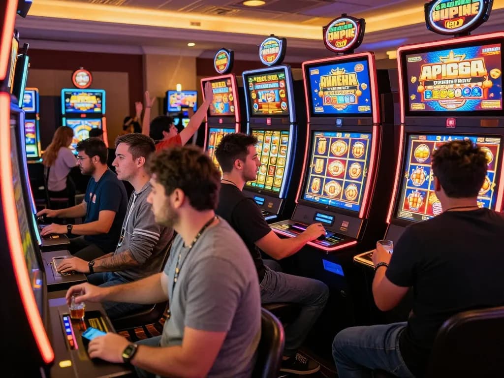 Players enjoying vibrant slot machines at boosterjp online casino, capturing the excitement of gaming.