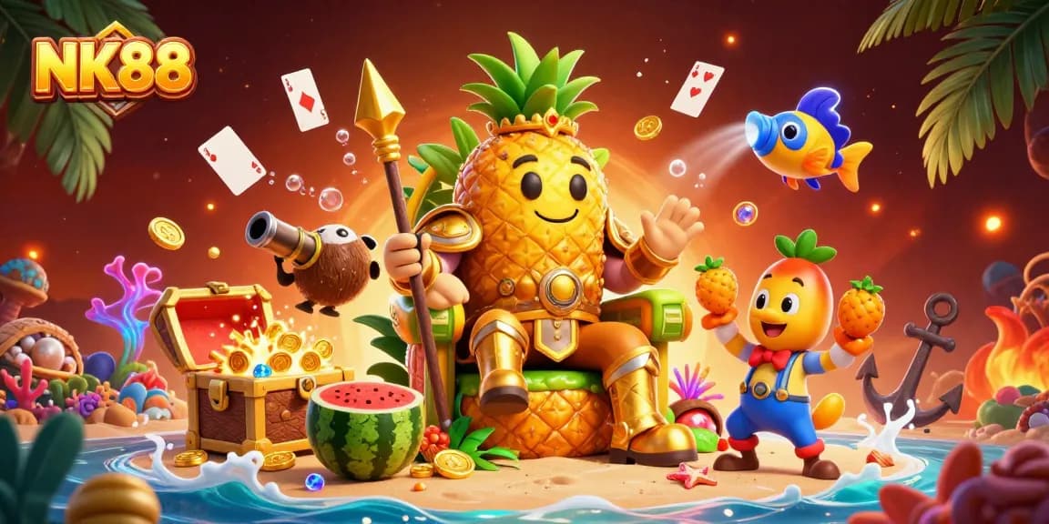 Engage with the vibrant NK88 casino scene featuring golden characters, treasure, and gaming elements.