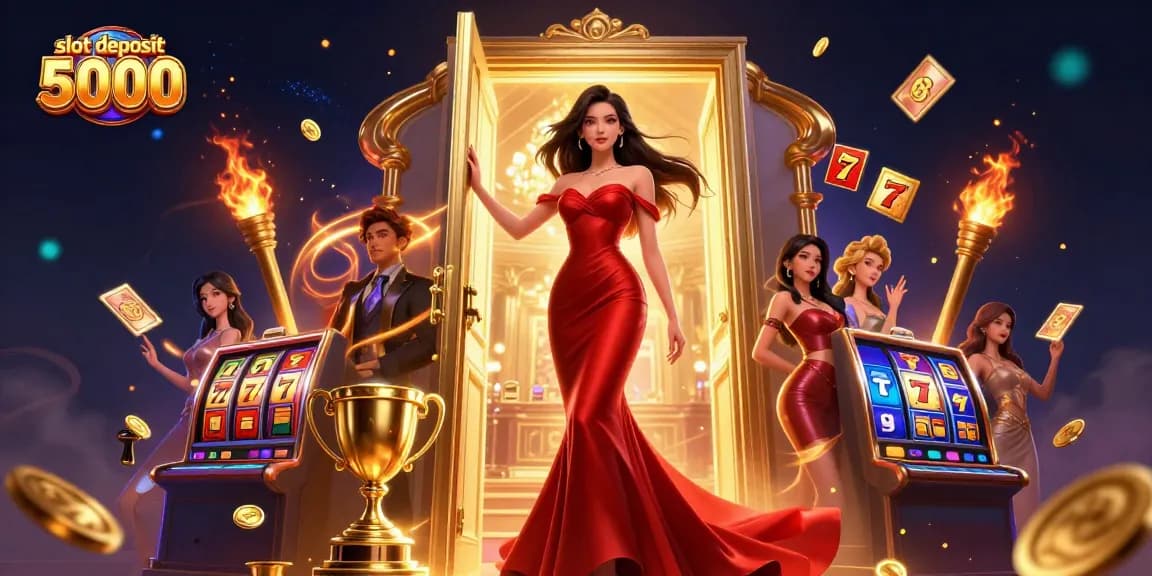 Experience the excitement of slot deposit 5000 with a beautiful Asian woman in an elegant casino setting.