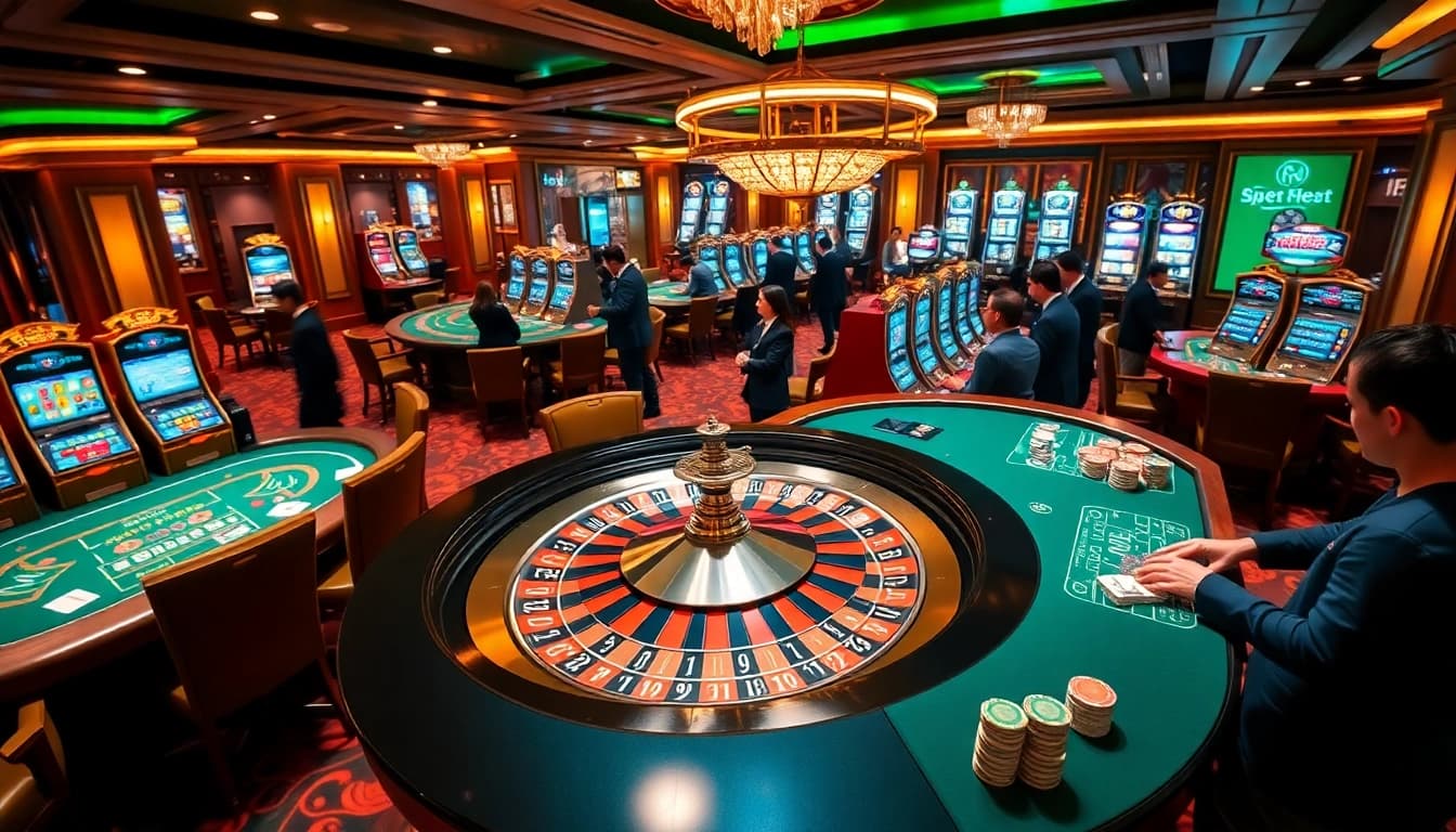 Players enjoying casino excitement at https://89bet.green/ with roulette and poker tables.