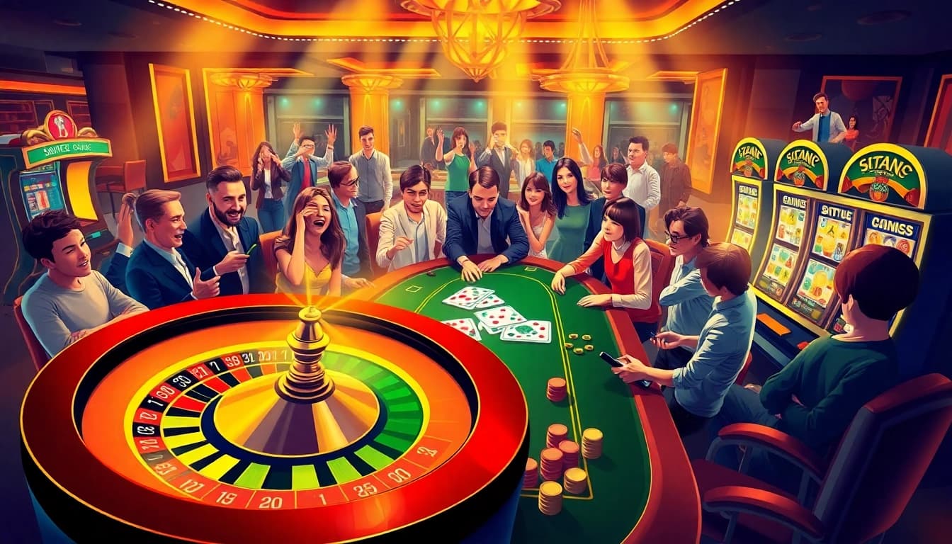 Engage in thrilling gameplay at situs11, featuring a luxurious casino scene with roulette, poker, and vibrant slot machines.