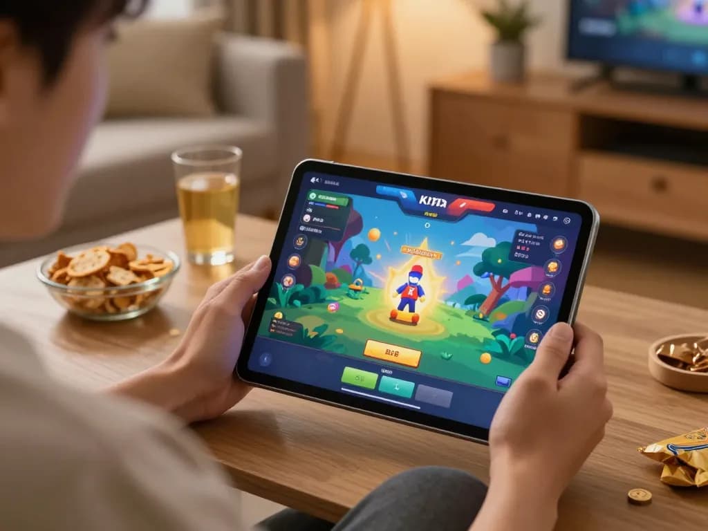 KADAL778 player enjoying interactive idle games on a tablet in a cozy home setting.