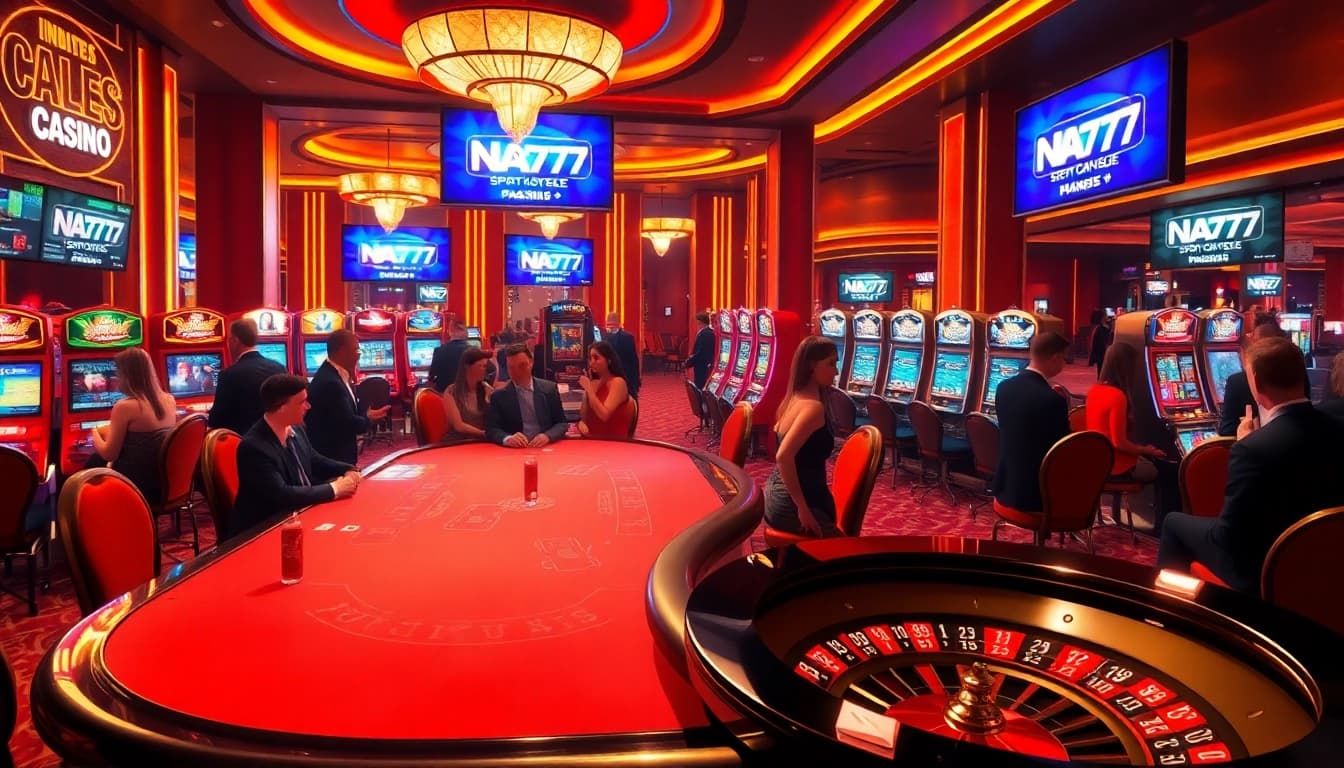 Experience thrilling gaming at NA777's sophisticated casino environment featuring poker tables and slot machines.