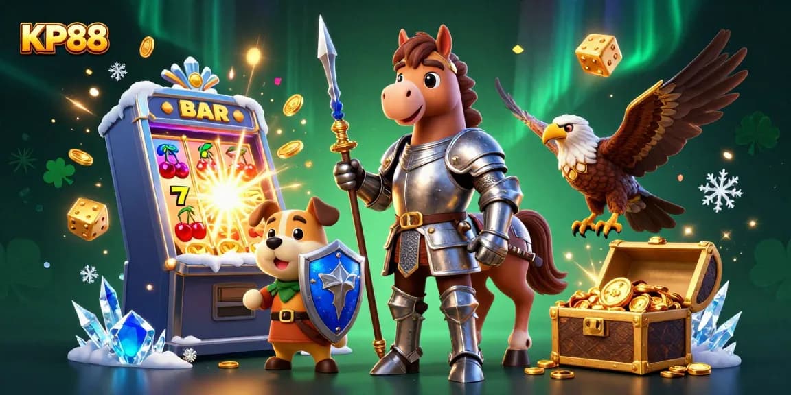 Join the thrilling world of KP88 with a knight, puppy, and falcon winning big in this vibrant casino scene.