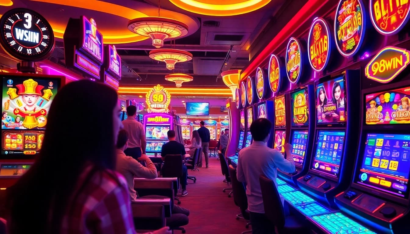 Experience the vibrant online gaming atmosphere of 98WIN with dynamic slot machines, players, and exciting casino lights.