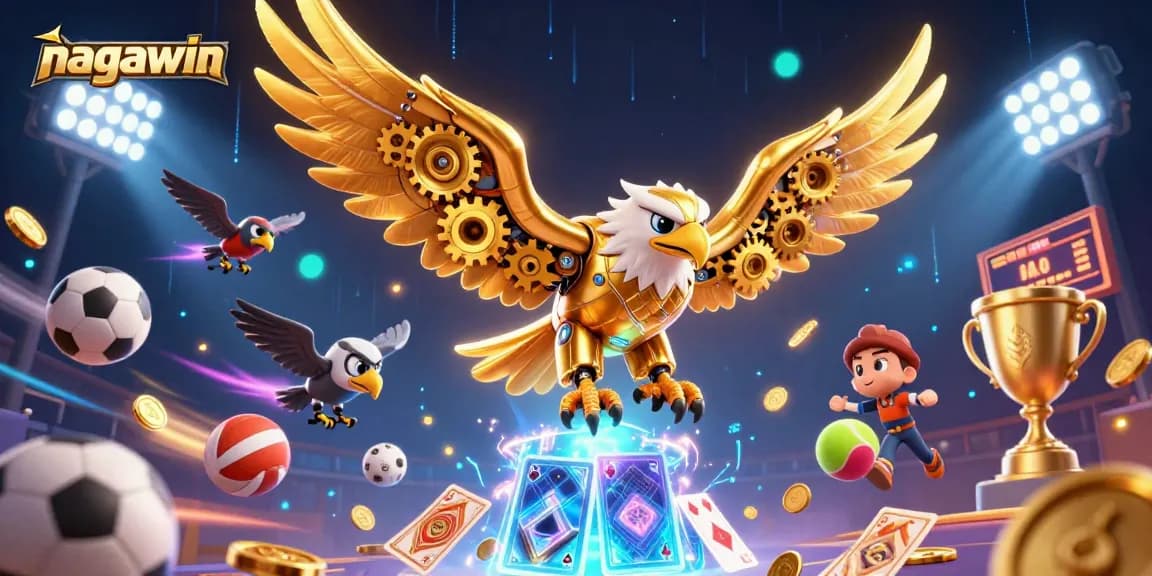 Nagawin offers a vibrant scene of a golden eagle amidst dynamic flying sports balls and illuminated gaming elements.