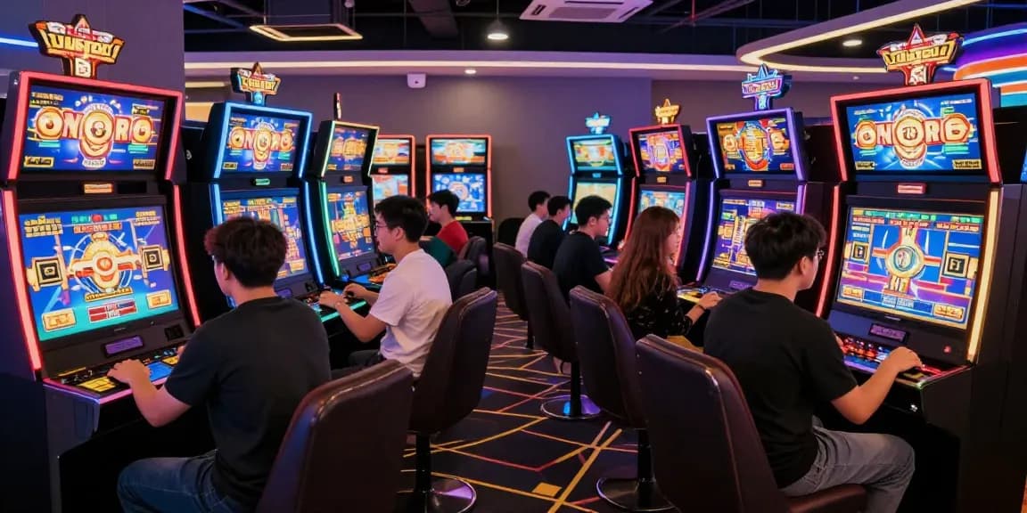 Login Modal138 dalam suasana kasino virtual, pemain berstrategi di depan slot game interaktif.