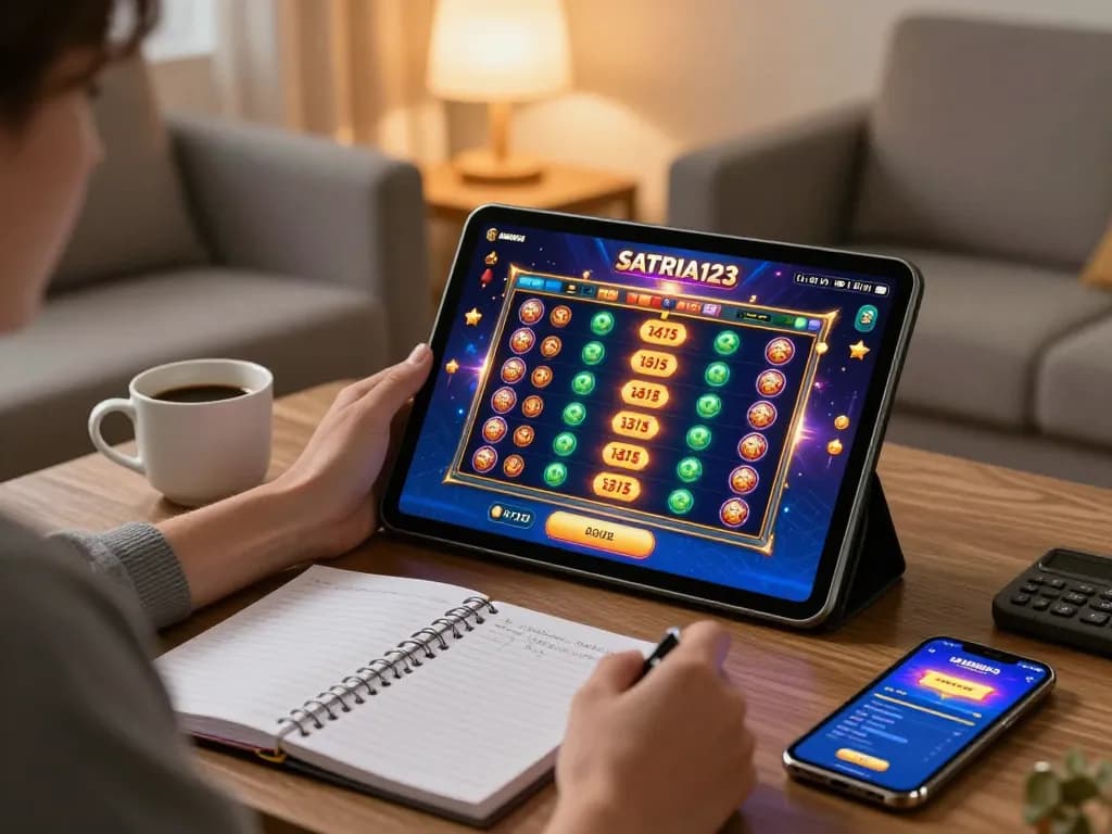 SATRIA123 player enjoying thrilling online slots from a cozy home setting with tablet and notes.