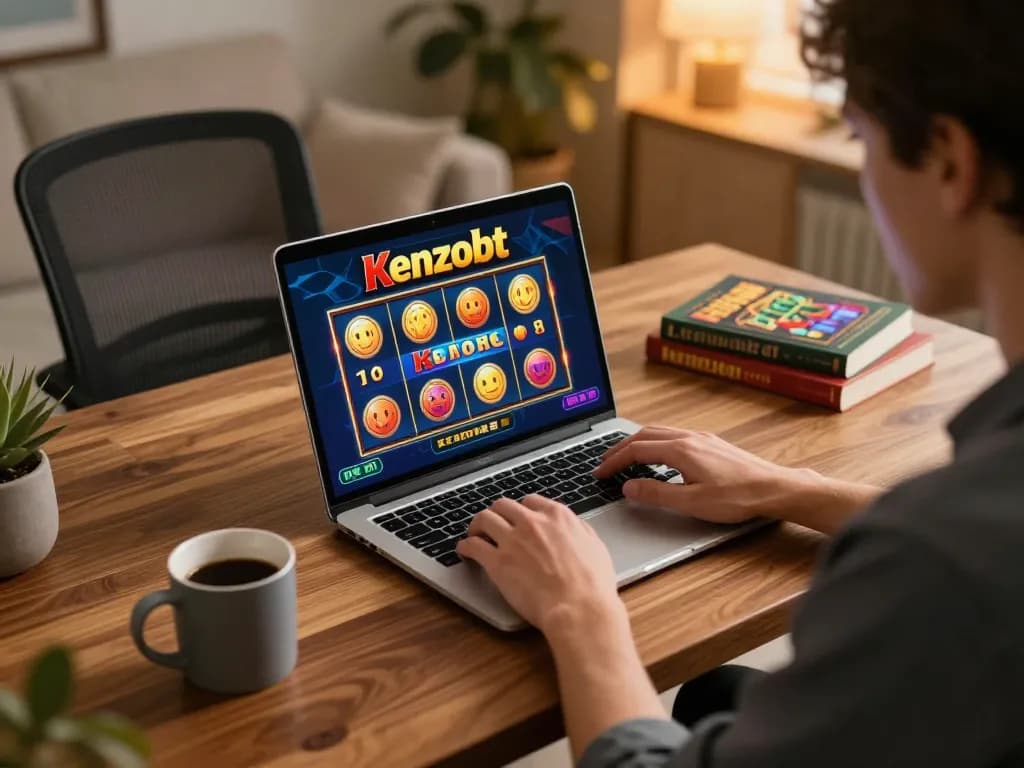 Engaging player enjoying kenzobet slot on a sleek laptop in a cozy home office.