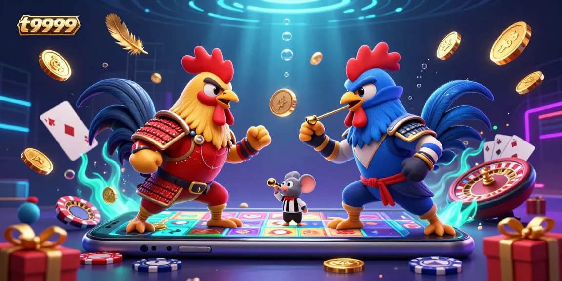 Engage with the thrilling duel of t9999's cartoon roosters in an exciting casino-themed standoff.