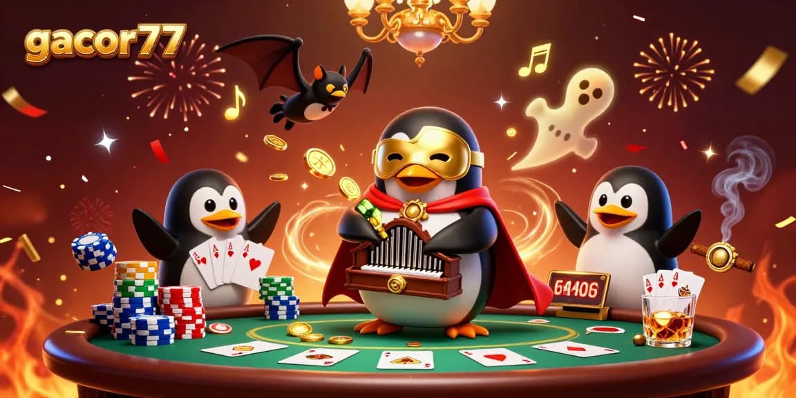 Permainan gacor77 menghibur dengan penguin opera, koin emas, dan kartu poker yang berkilauan.