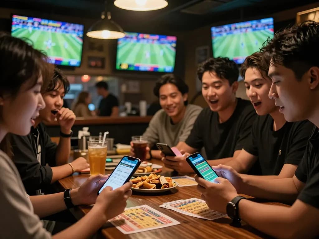 Friends engaging in sports betting excitement on keonhacai, mobile betting apps in hand, at a vibrant bar.