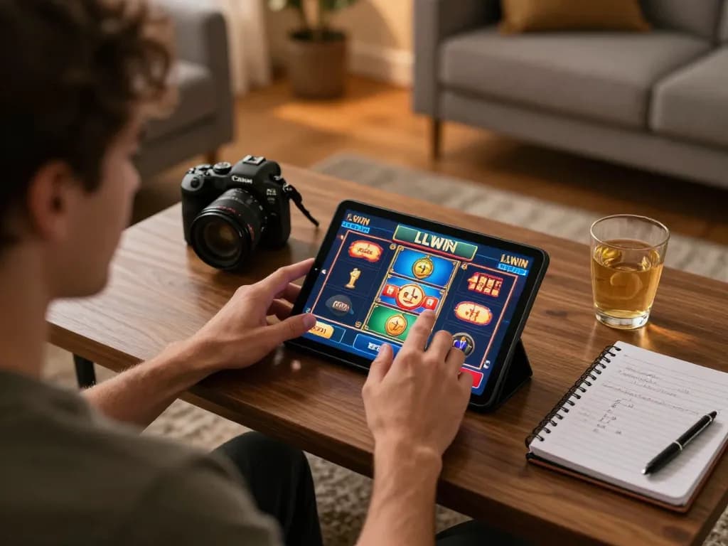 Engaging gameplay scene featuring LLWIN slots on a tablet, showcasing strategic gaming in a cozy home