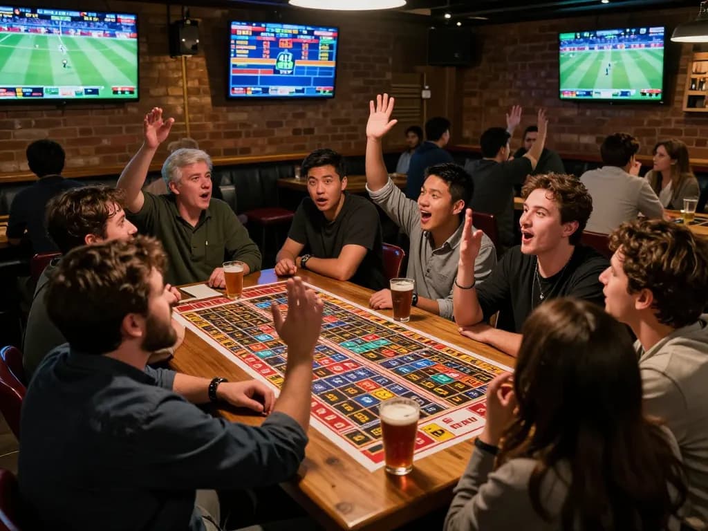 Sports betting patrons analyzing kèo nhà cái odds in a lively sports bar environment.
