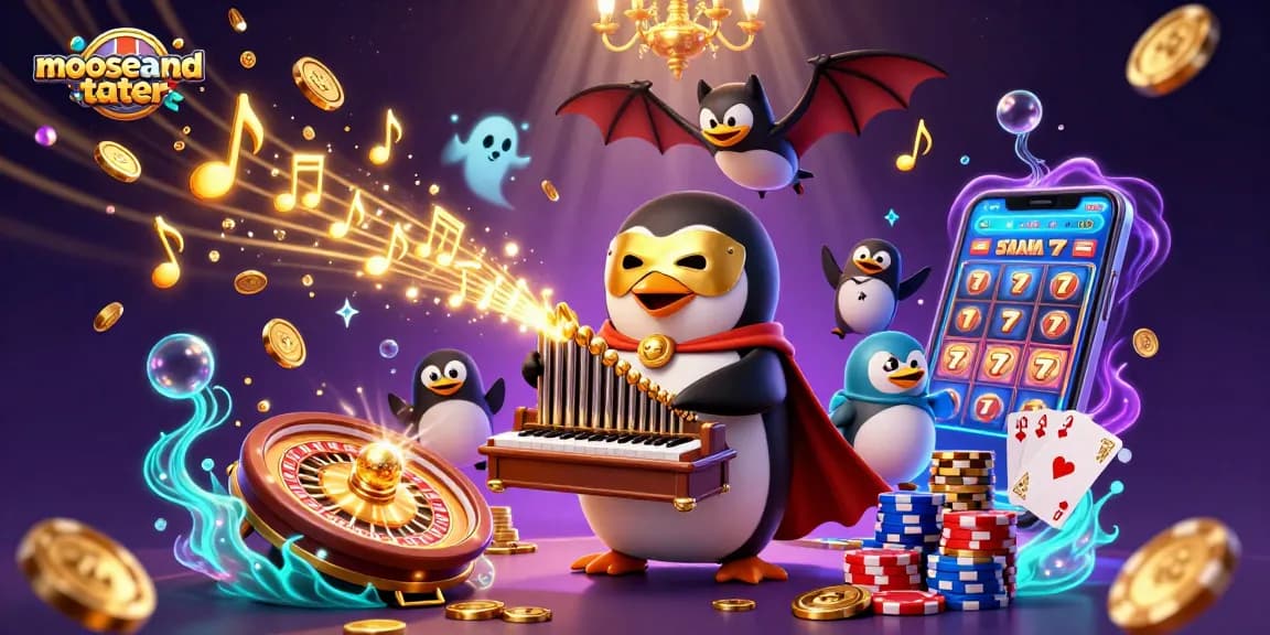 Experience mooseandtater's winning excitement with a 3D casino scene featuring golden notes and coins.