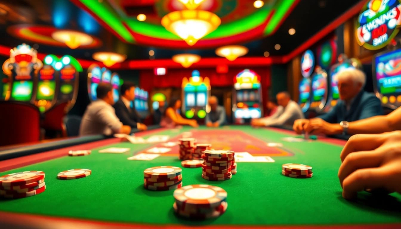 Menangkan permainan di meja poker oja89 dengan pencahayaan cerah dan suasana kasino yang hidup.