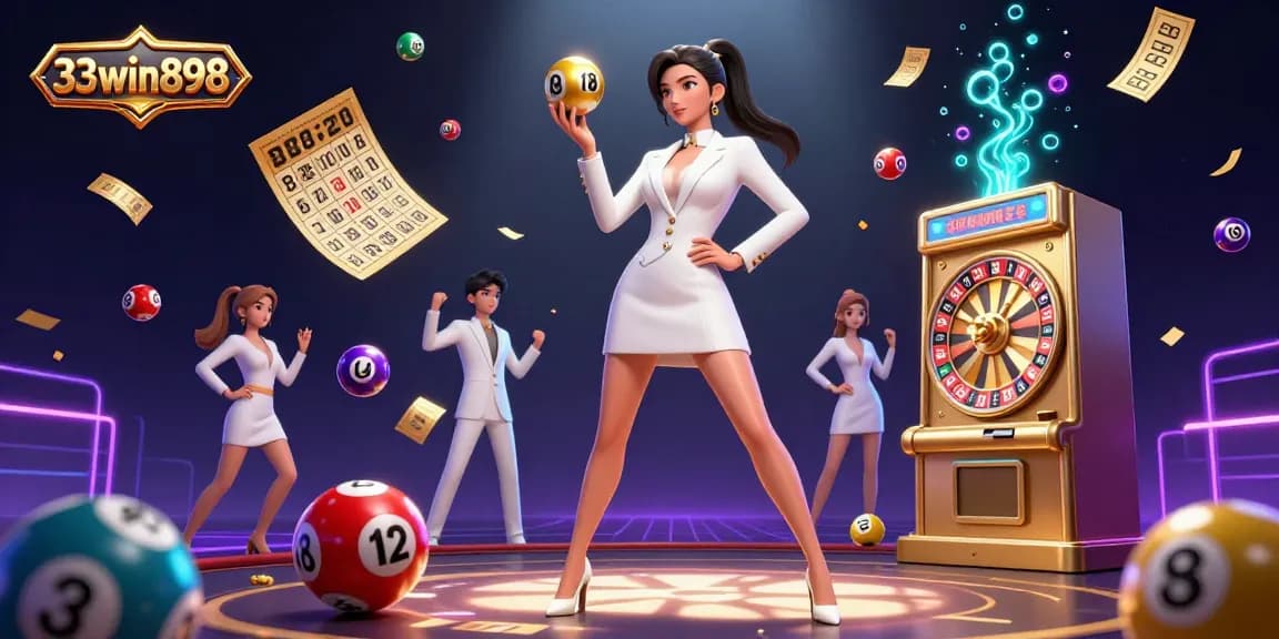 Engage with the exciting atmosphere of 33win898's online casino experience, featuring lottery balls and a roulette ball.