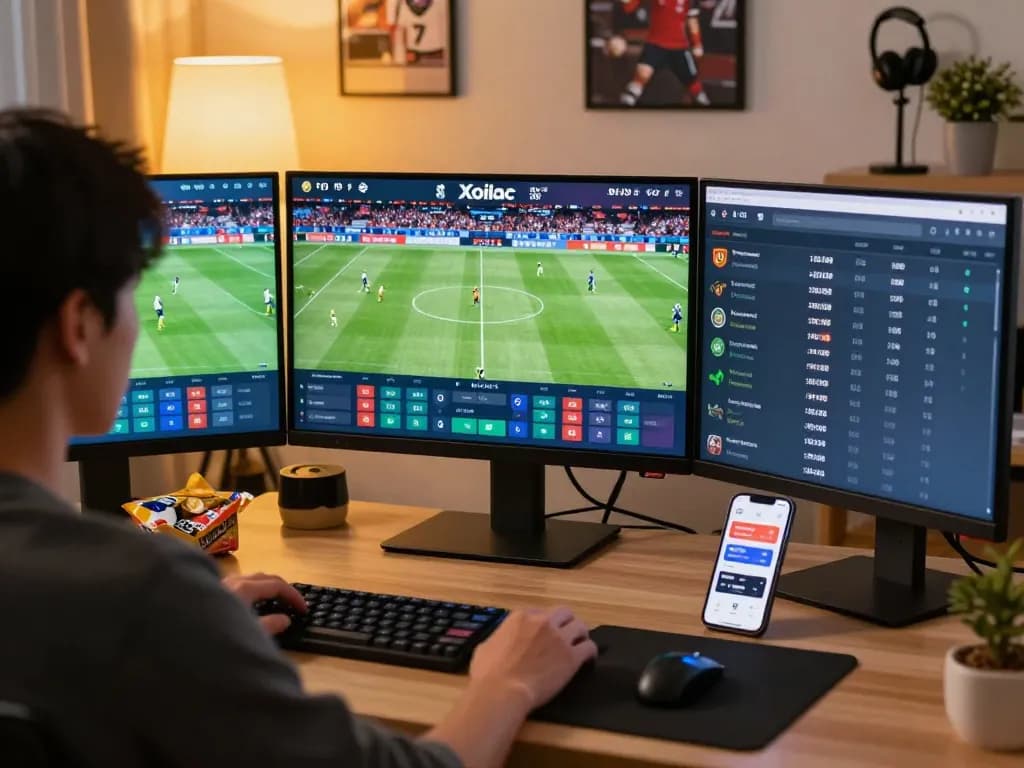 Xoilac sports betting setup showing live events and betting odds on multiple screens.