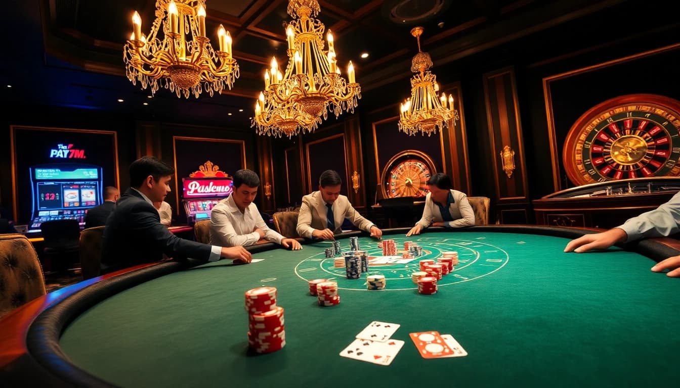 Engaging poker game scene representing tỷ số bóng đá 7m amidst luxury casino elements.