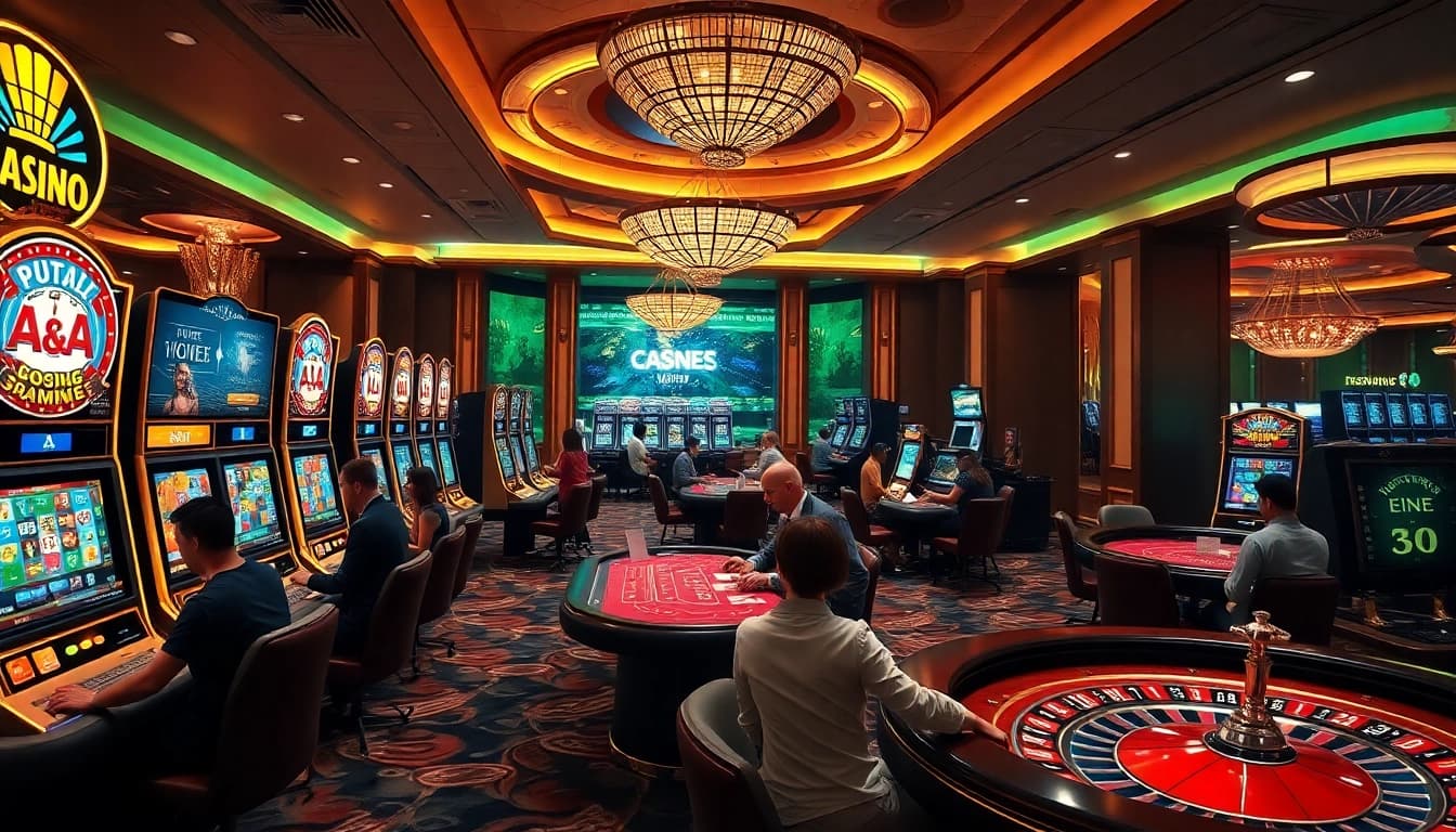 Exciting gaming atmosphere at vipforbest.com/ru/settlepay/registration showcasing slot machines and poker tables.