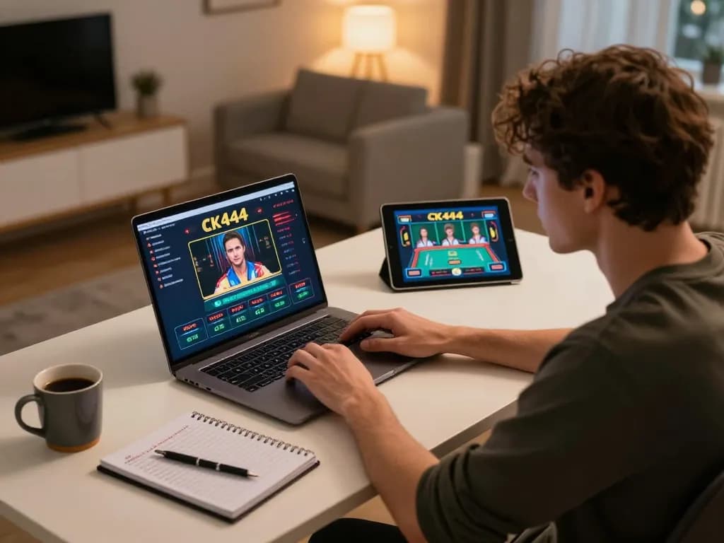 Engaged player using CK444 for online casino gaming at modern desk, showcasing focused gameplay.