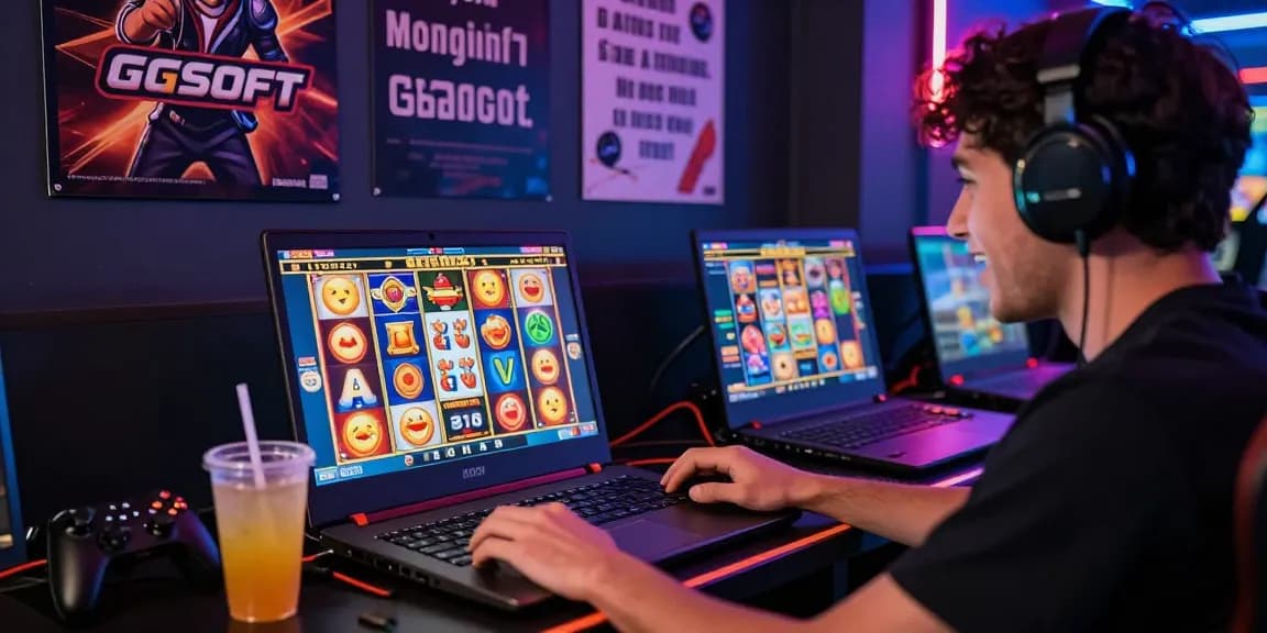 Pengguna sedang bermain slot gacor online dengan laptop di ruang permainan modern, dikelilingi hiasan game dan lampu neon.