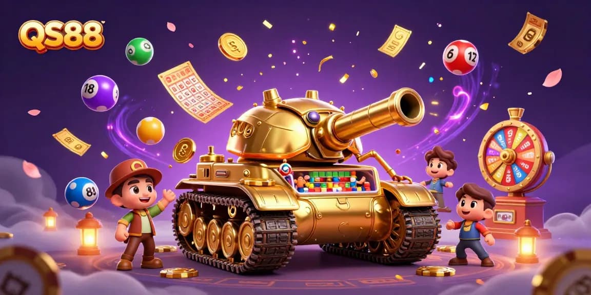 Experience the excitement of QS88 as a golden casino tank reveals dazzling games and confetti!