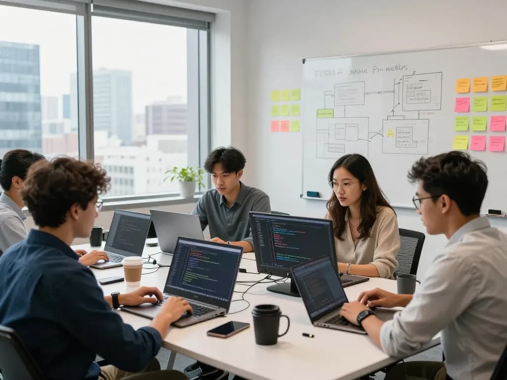 Team of developers collaborating on crush ai software in a modern office.