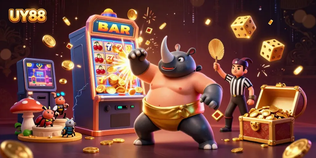 Experience UY88 with a dynamic scene featuring a beetle champion and a slot machine explosion.