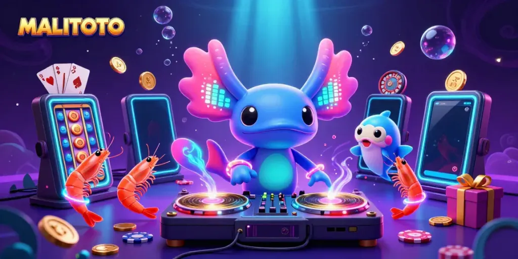 MALITOTO features an axolotl DJ surrounded by vibrant gambling elements, captivating audiences in 2026.