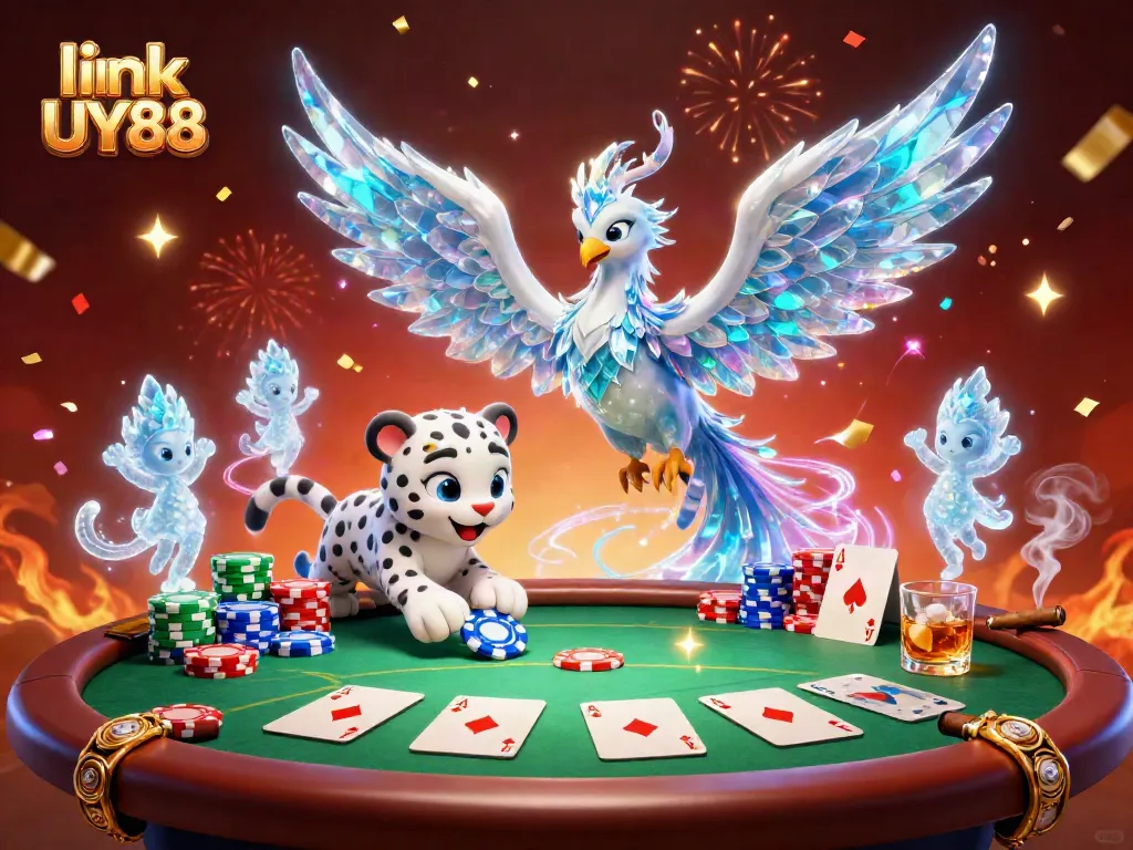 Engage with link UY88 in a vibrant casino scene featuring an ice phoenix and poker elements.