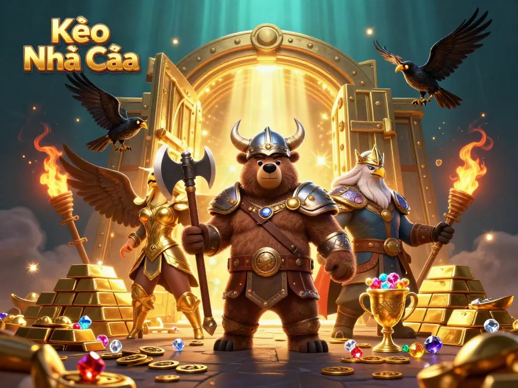 Engage in thrilling Kèo Nhà Cái sports betting with a Viking bear and Valkyrie eagle illustration.