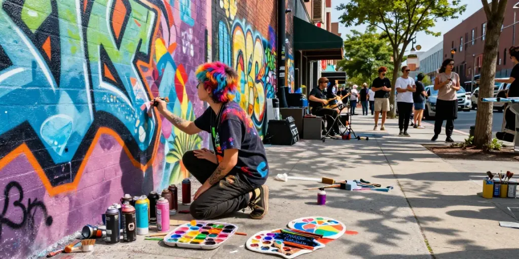 Artist creating a vibrant mural on a city street; jebolwd reflects urban creativity.